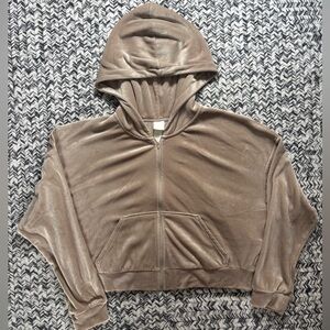 Retro Vintage Y2K H&M Soft Neutral Velour Cropped Zip Hoodie Jacket Size XL